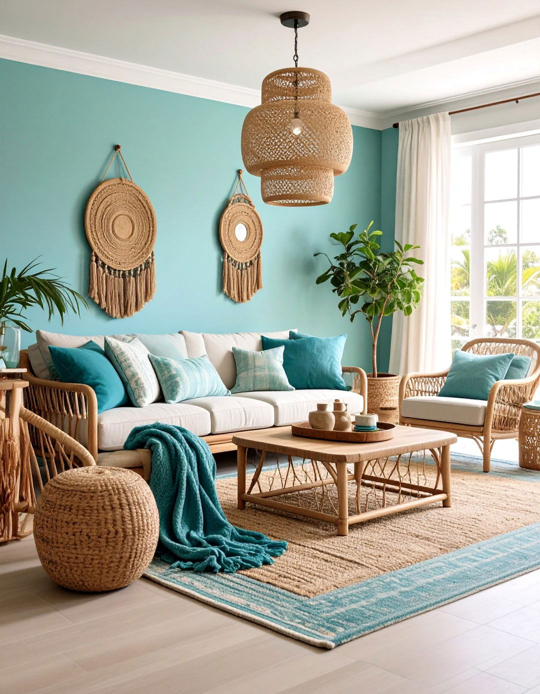 Coastal Blue Green Living Room with Natural Textures - 25 Pastel Room Ideas