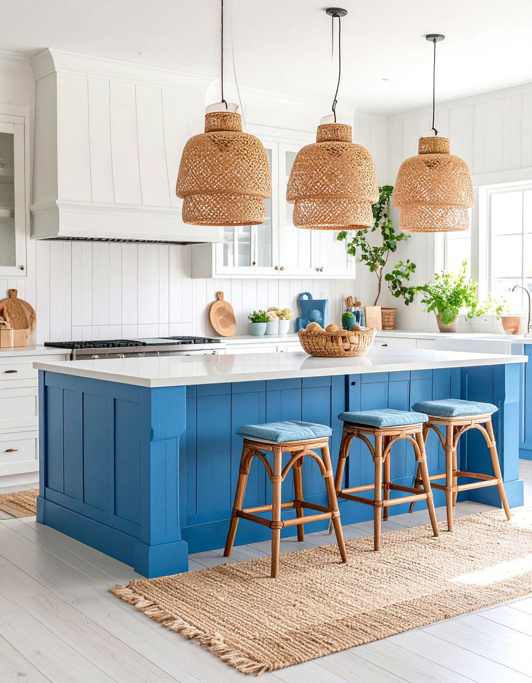 Coastal Blue Kitchen Booth with Woven Textures - 25 Eat in Kitchen Ideas