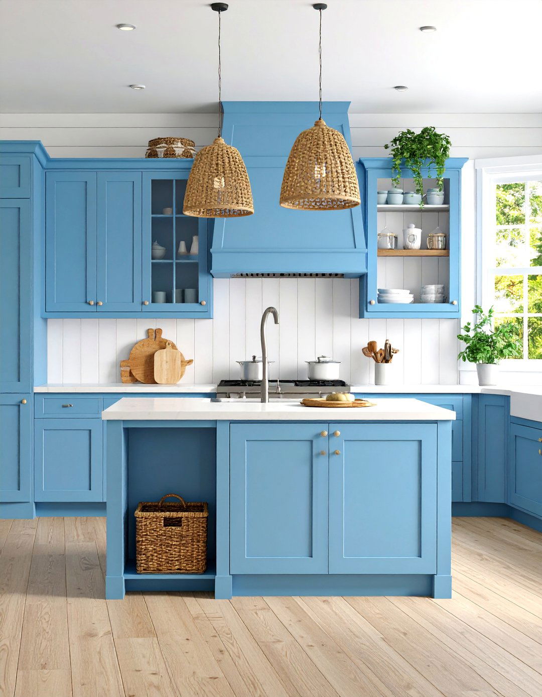 Coastal Blue Kitchen with White Shiplap and Natural Textures - 25 Blue and White Kitchen Ideas