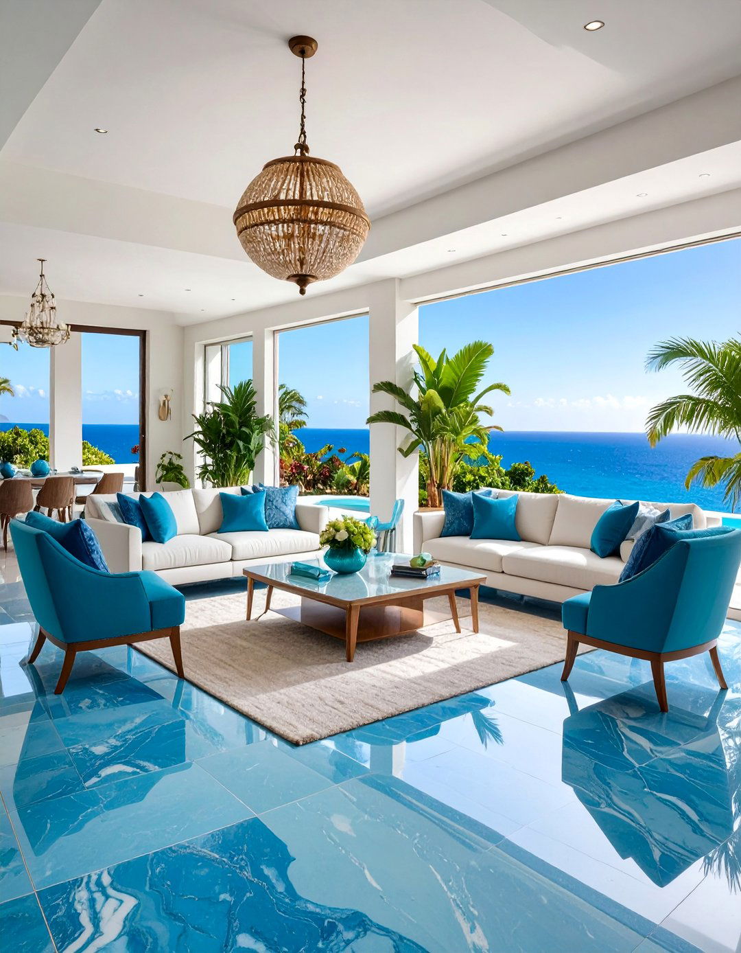 Coastal Blue Marble Floor Living Room with Sea Glass Accents - 25 Marble Floor Living Room Ideas