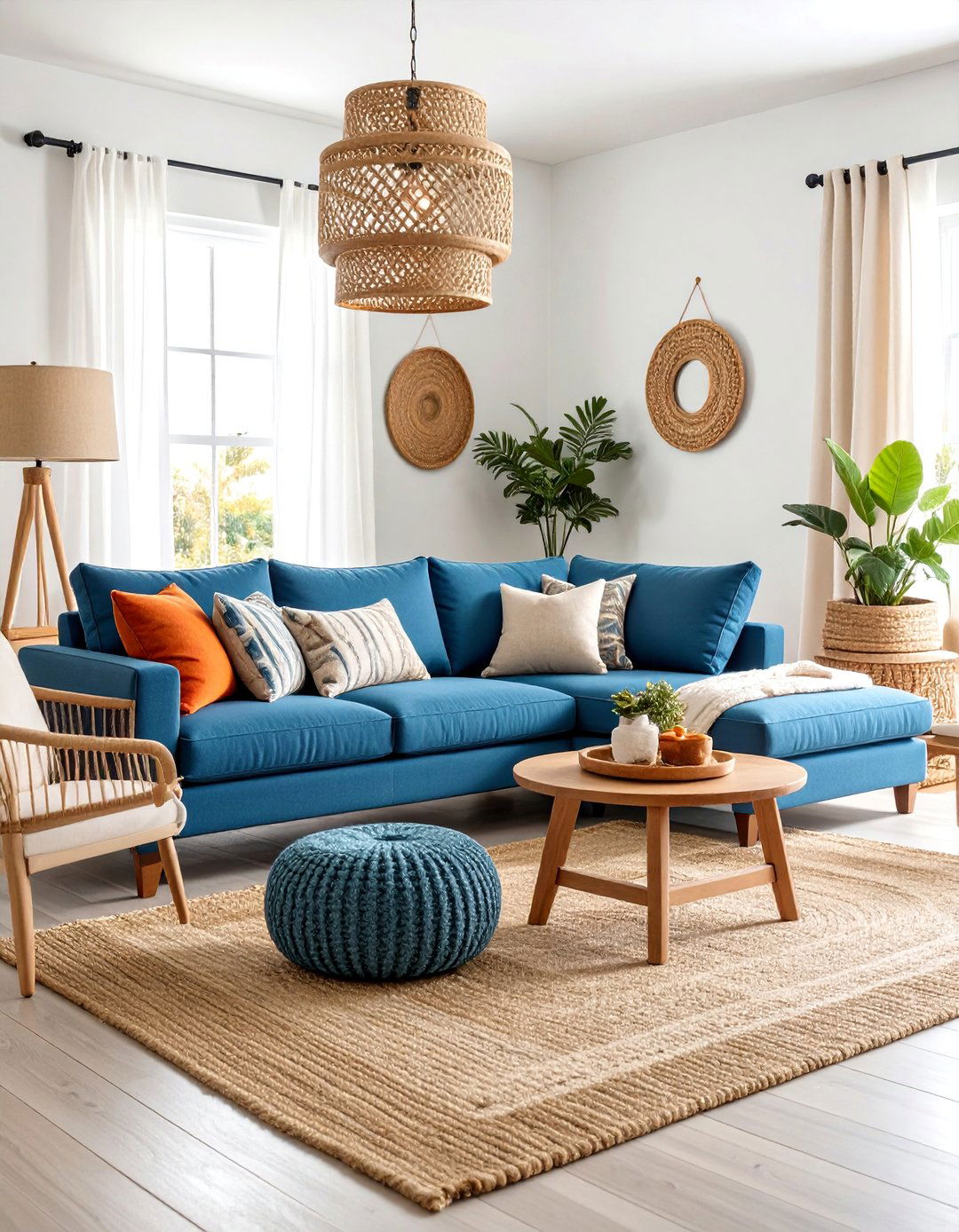 Coastal Blue Sectional Living Room with Natural Textures - 25 Pottery Barn Living Room Ideas