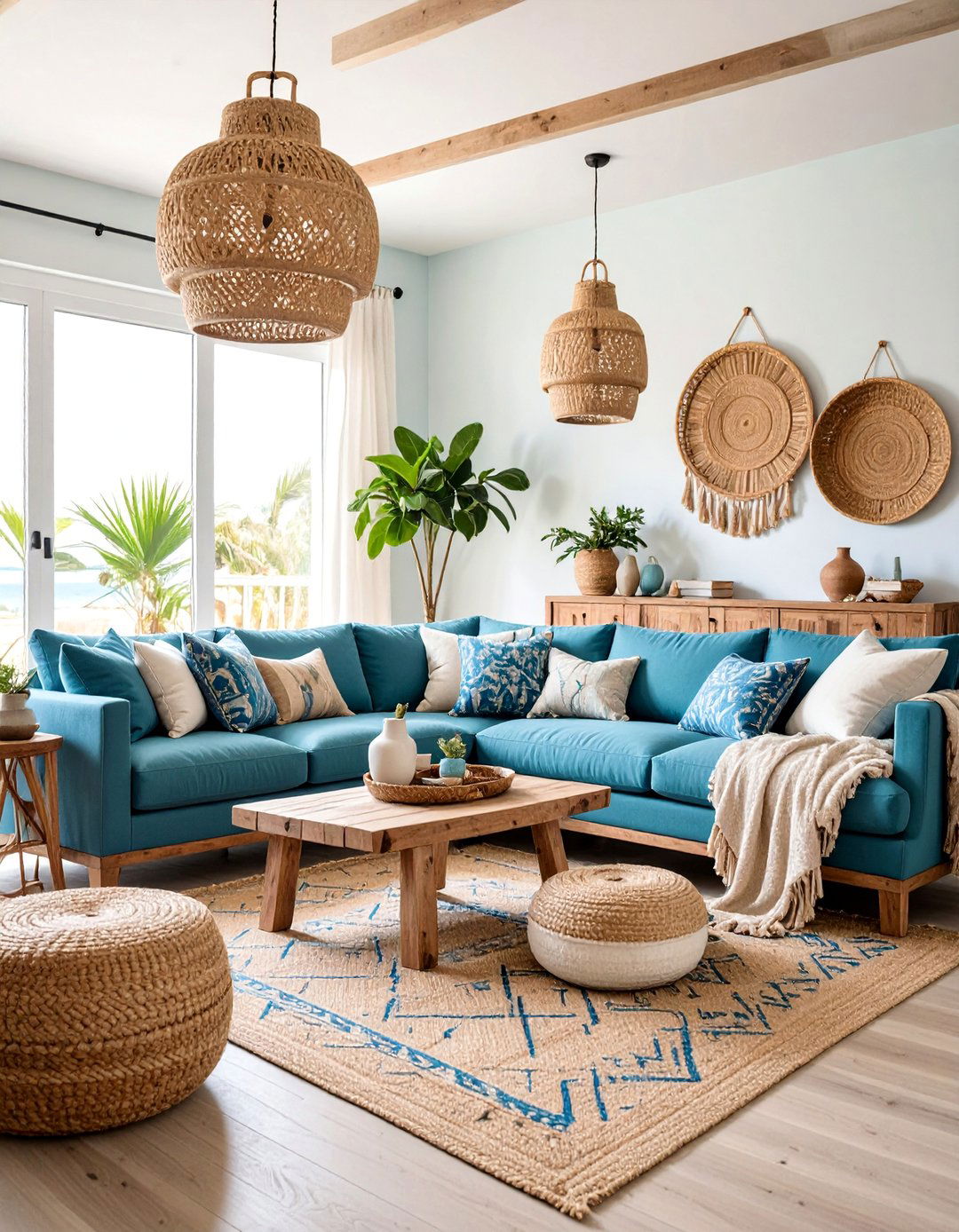 Coastal Blue Sectional with Natural Textures - 25 Sectional Living Room Ideas