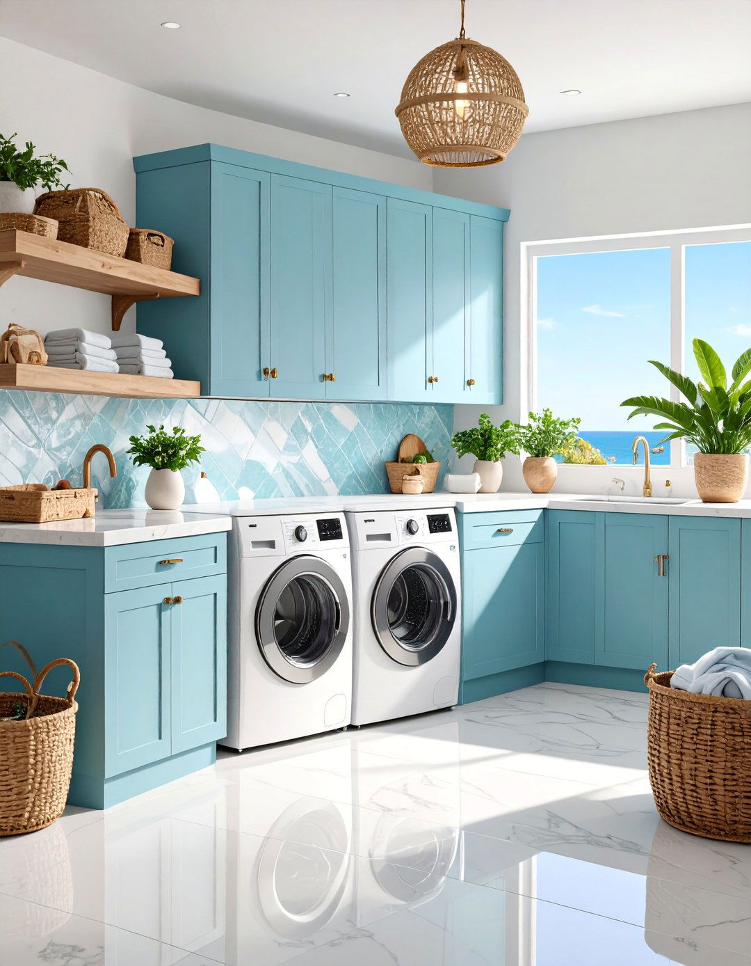 Coastal Blue Stackable Laundry Retreat - 25 Stackable Laundry Room Ideas