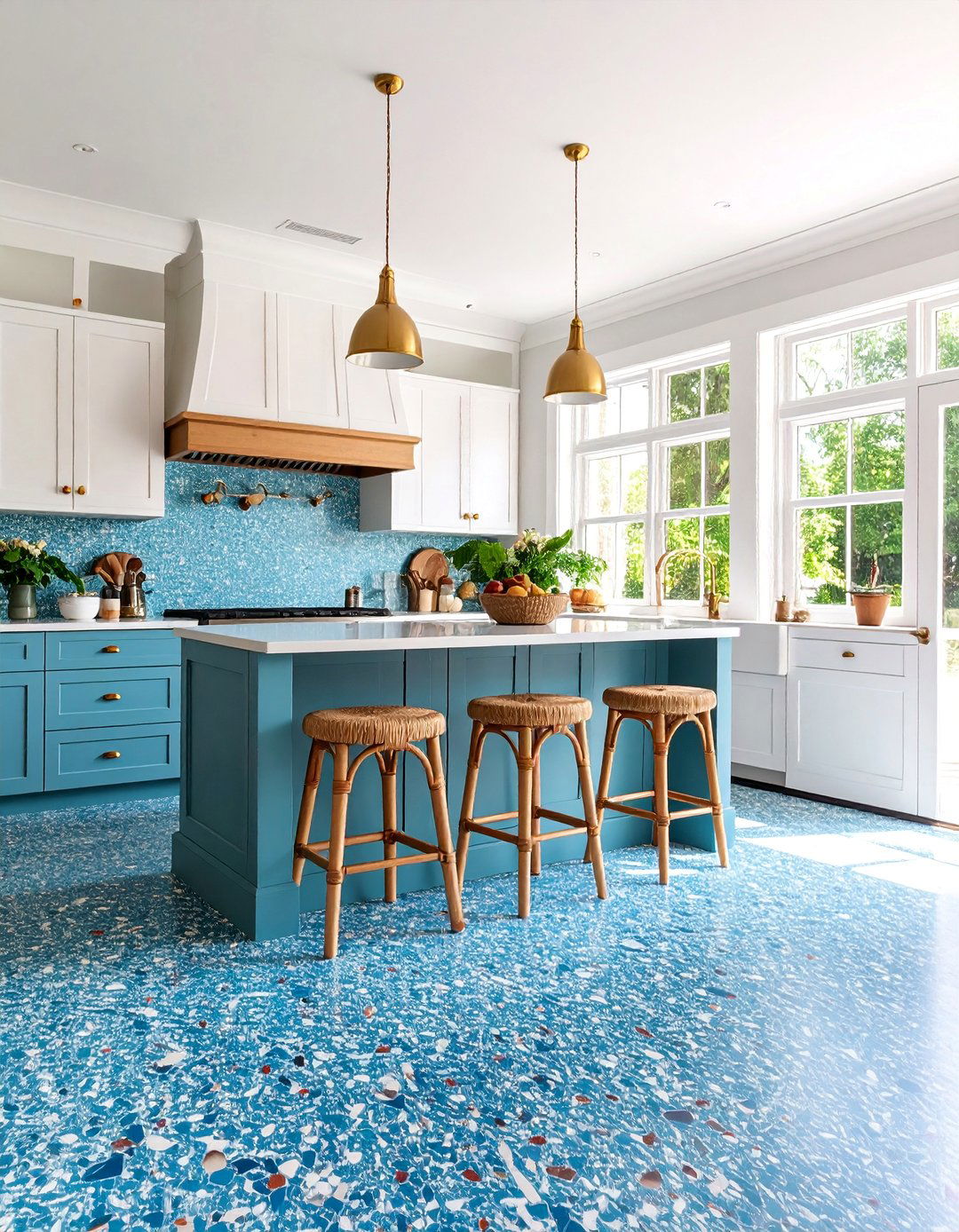 Coastal Blue Terrazzo Kitchen Floor with White Chips