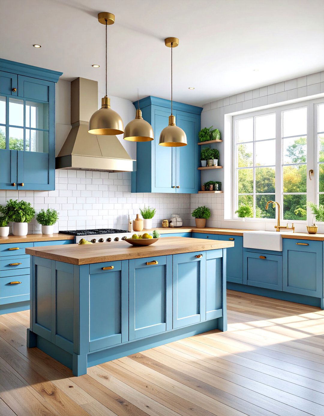Coastal Blue U Shaped Kitchen with Natural Wood Accents - 25 U Shaped Kitchen Ideas