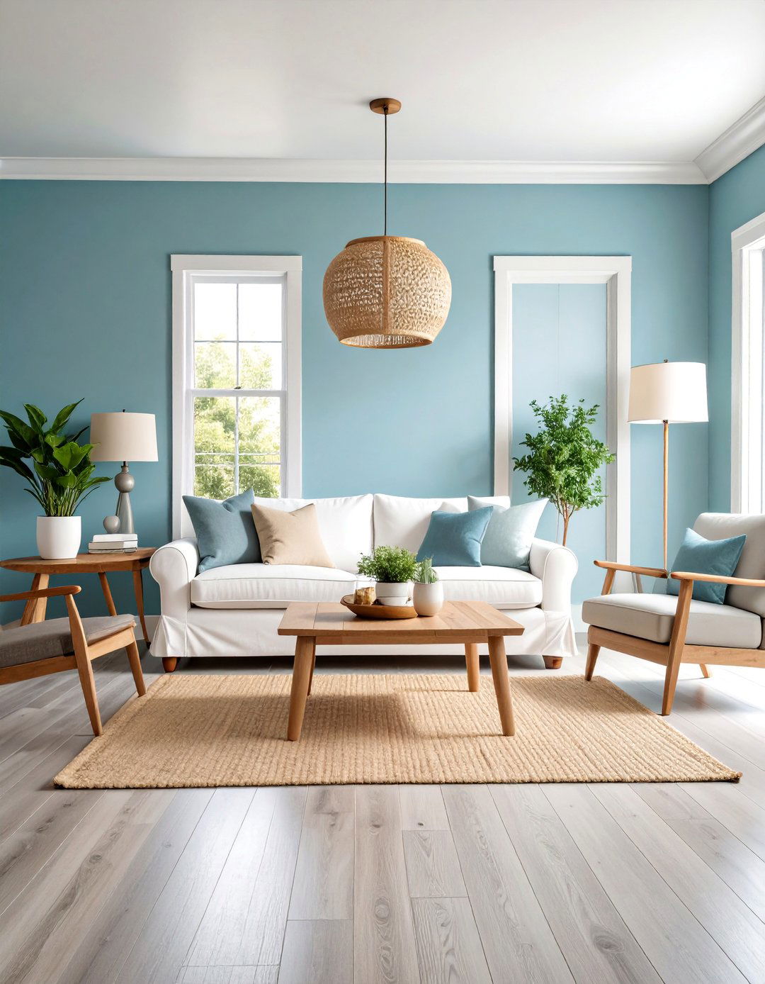 Coastal Blue Walls with Weathered Grey Hardwood Floors - 25 grey floor living room with blue walls ideas