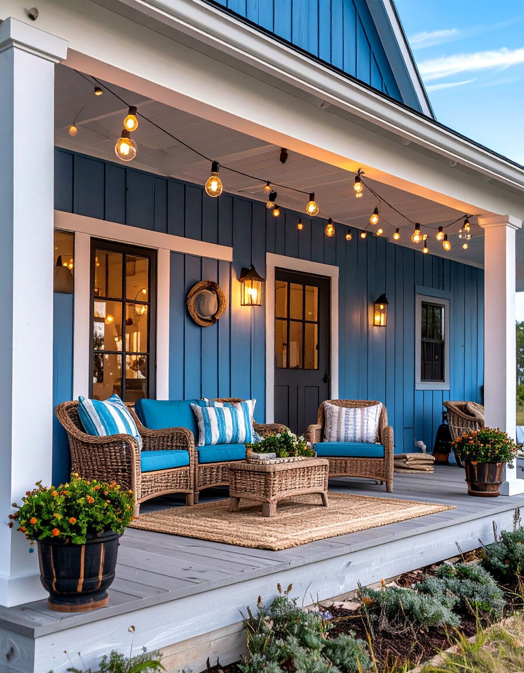 Coastal Blue and White Beach Retreat - 25 Barndominium Front Porch Ideas
