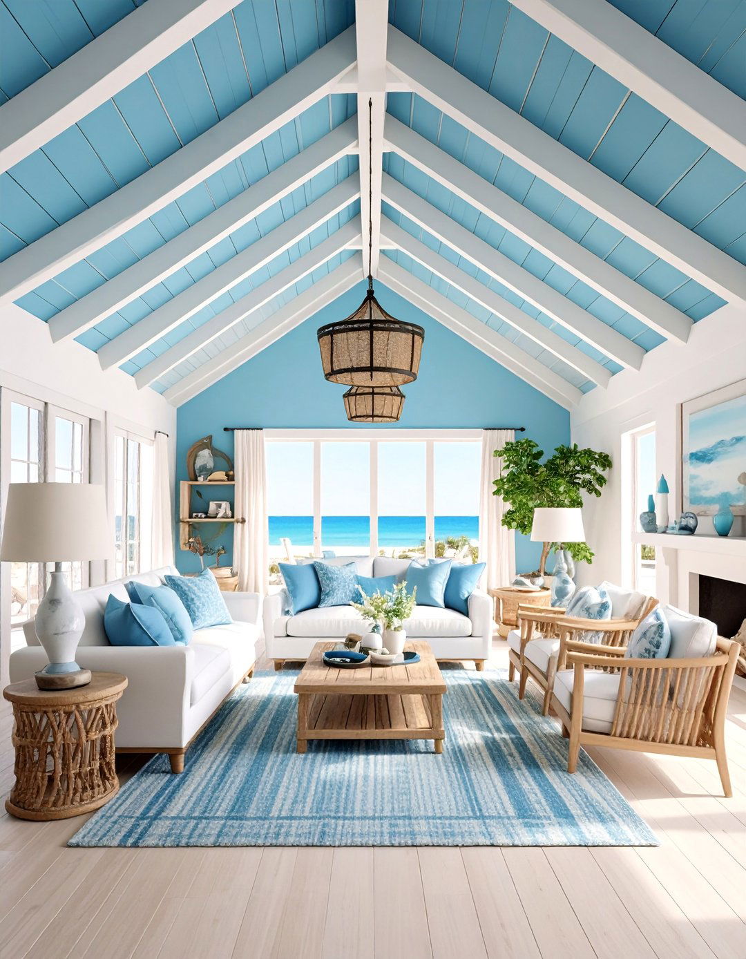 Coastal Cathedral Ceiling with White Beams and Blue Accents - 25 Cathedral Ceiling Ideas