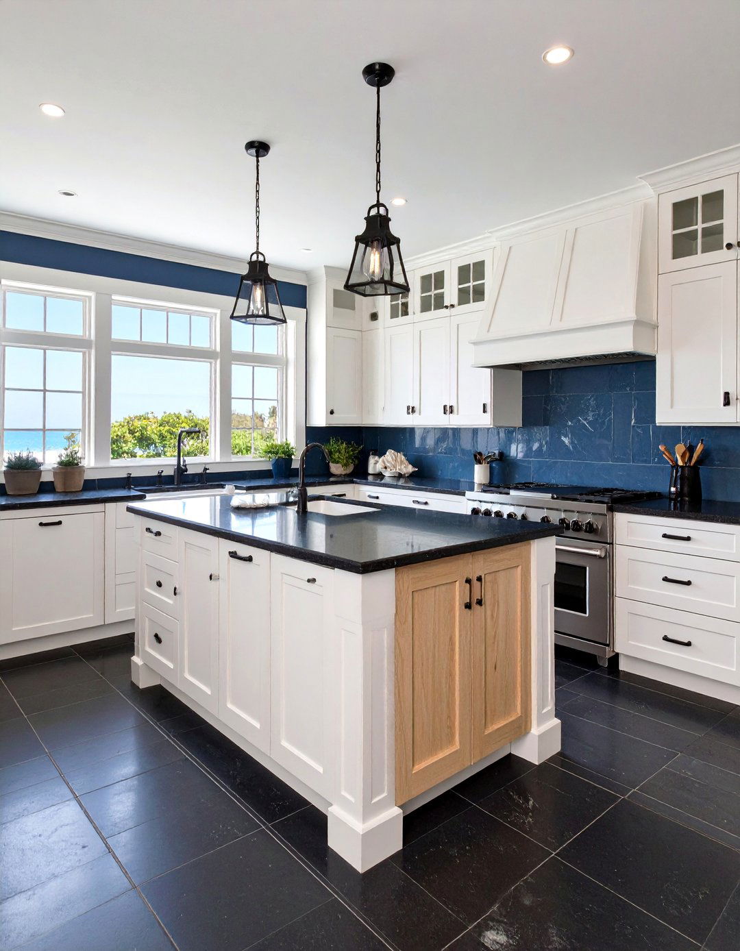 Coastal Contemporary with Black Limestone Floors - 25 Black Floor Kitchen Ideas
