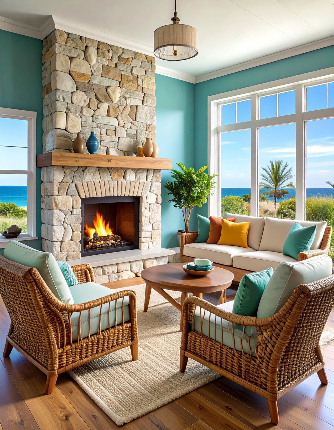 Coastal Cottage Faux Stone Fireplace in Soft Sand Tones - 25 Faux Stone Fireplace Ideas