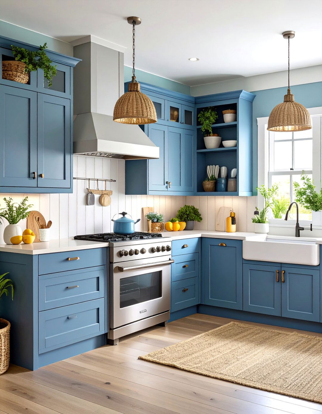 Coastal Cottage Kitchen with Blue Grey Cabinets and White Beadboard - 25 Grey and White Kitchen Designs