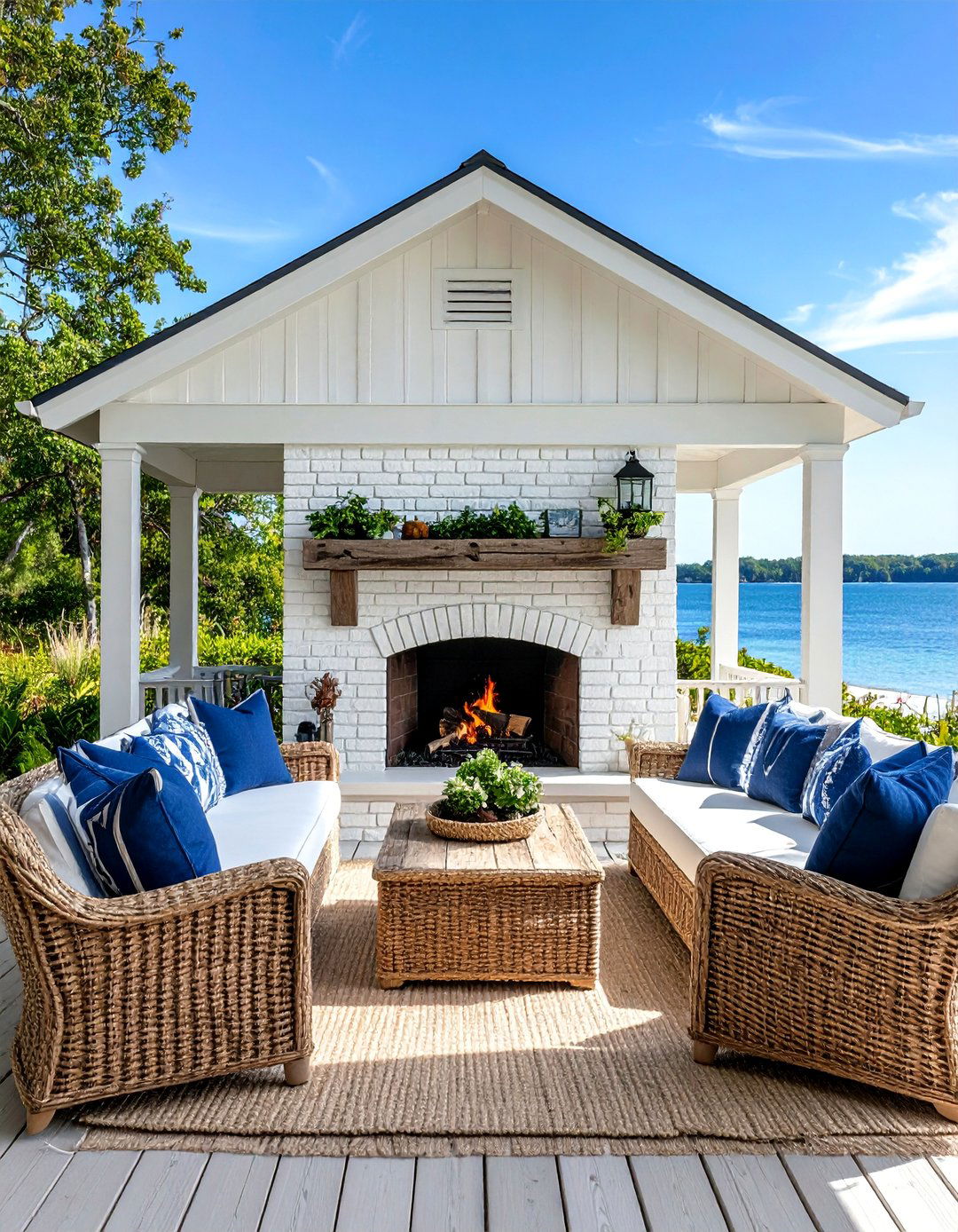Coastal Cottage Pavilion with Whitewashed Brick Fireplace - 25 Backyard Pavilion With Fireplace