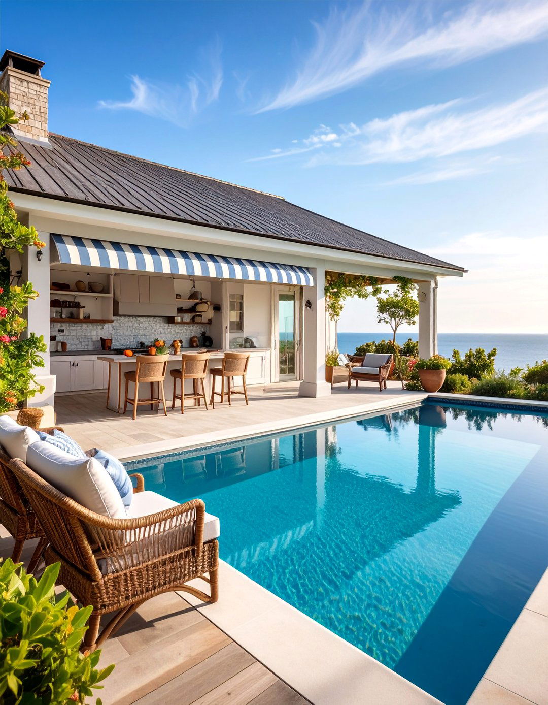 Coastal Cottage Pool House with Nautical Kitchen Theme - 25 Pool House With Outdoor Kitchen Ideas