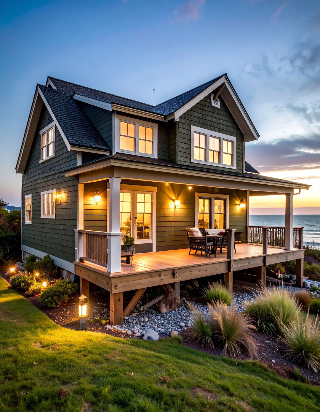 Coastal Cottage with Black Trim and White Accents - 25 Dark Olive Green House With Black Trim