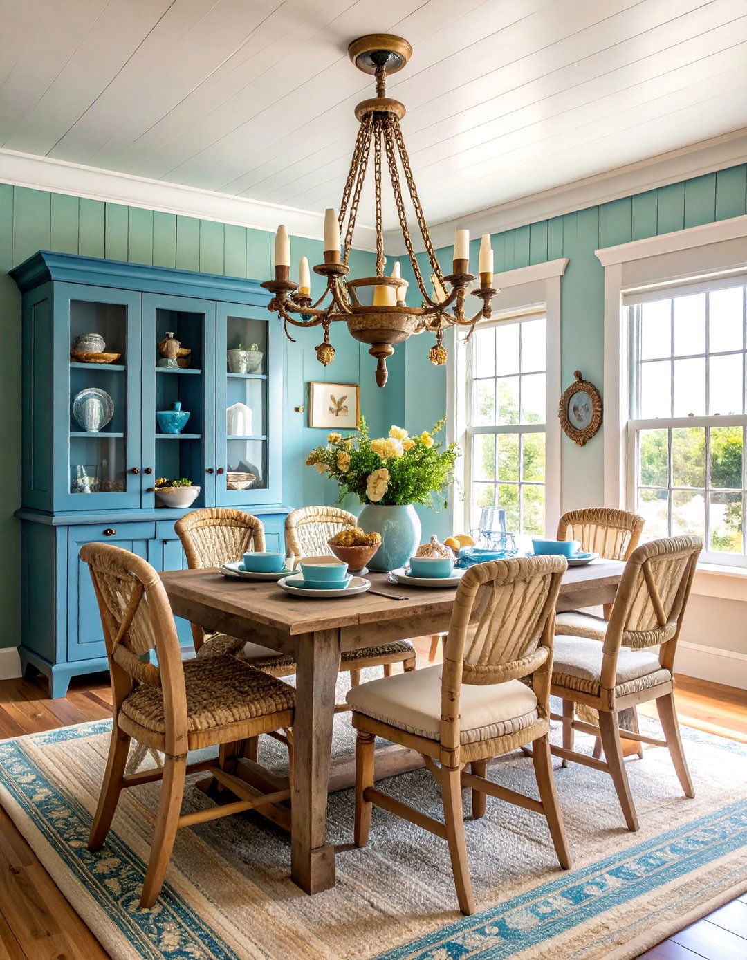 Coastal Dining Room with Ships Wheel Chandelier - 25 Coastal Decor Ideas