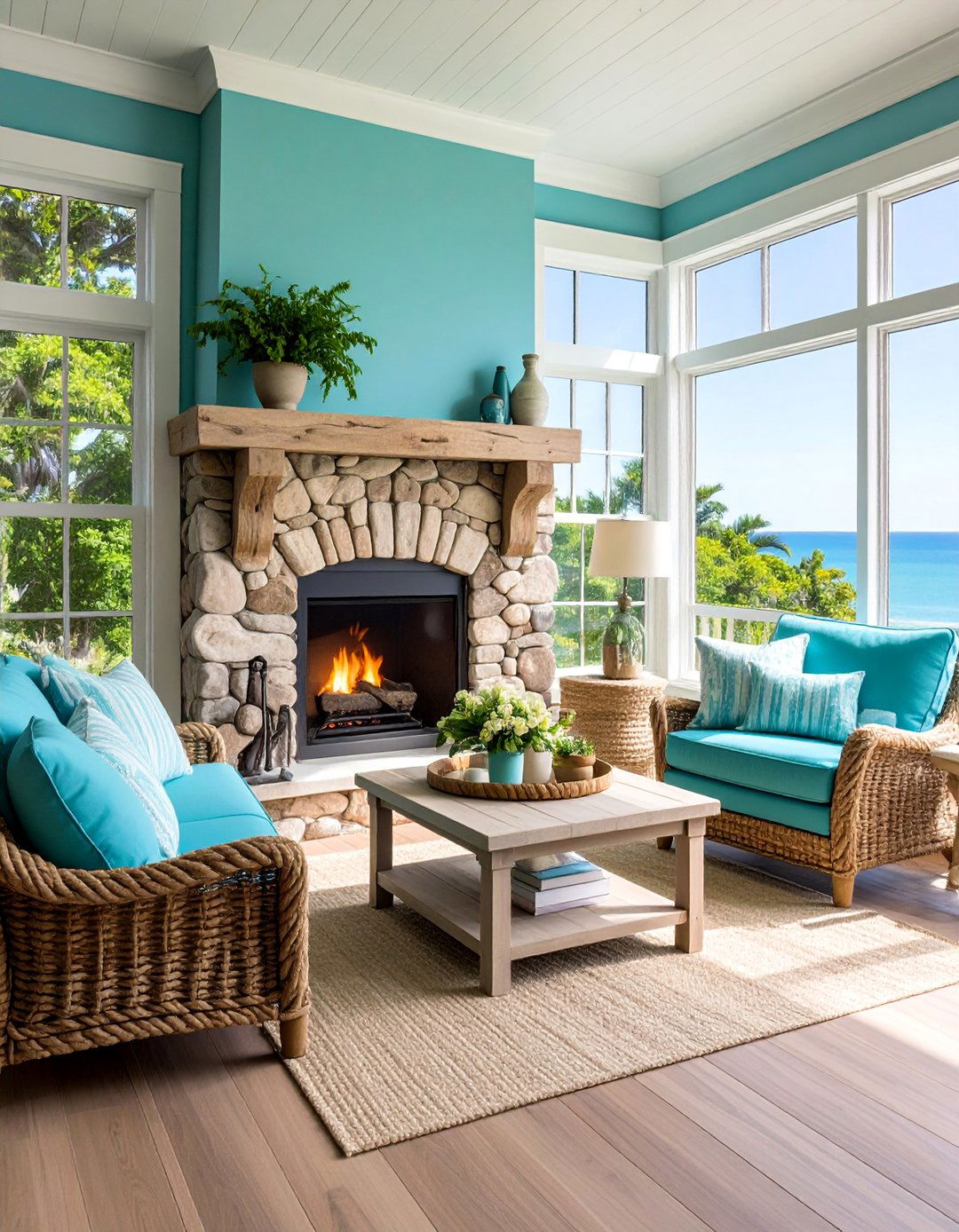 Coastal Driftwood Fireplace with Nautical Elements - 25 Sunroom With Fireplace Ideas
