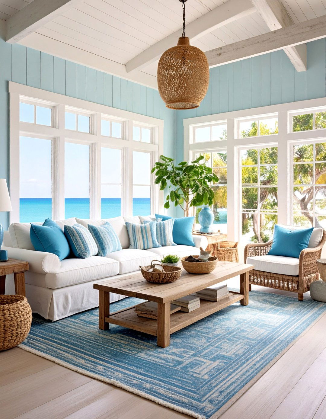 Coastal Farmhouse Living Room with Blue and White Color Scheme - 25 Farmhouse Living Room Ideas