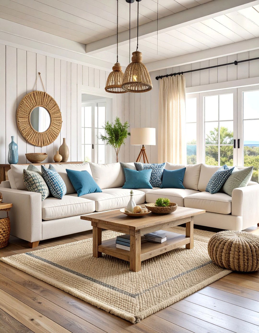 Coastal Farmhouse Living Room with Shiplap Walls - 25 Beach House Decor Ideas