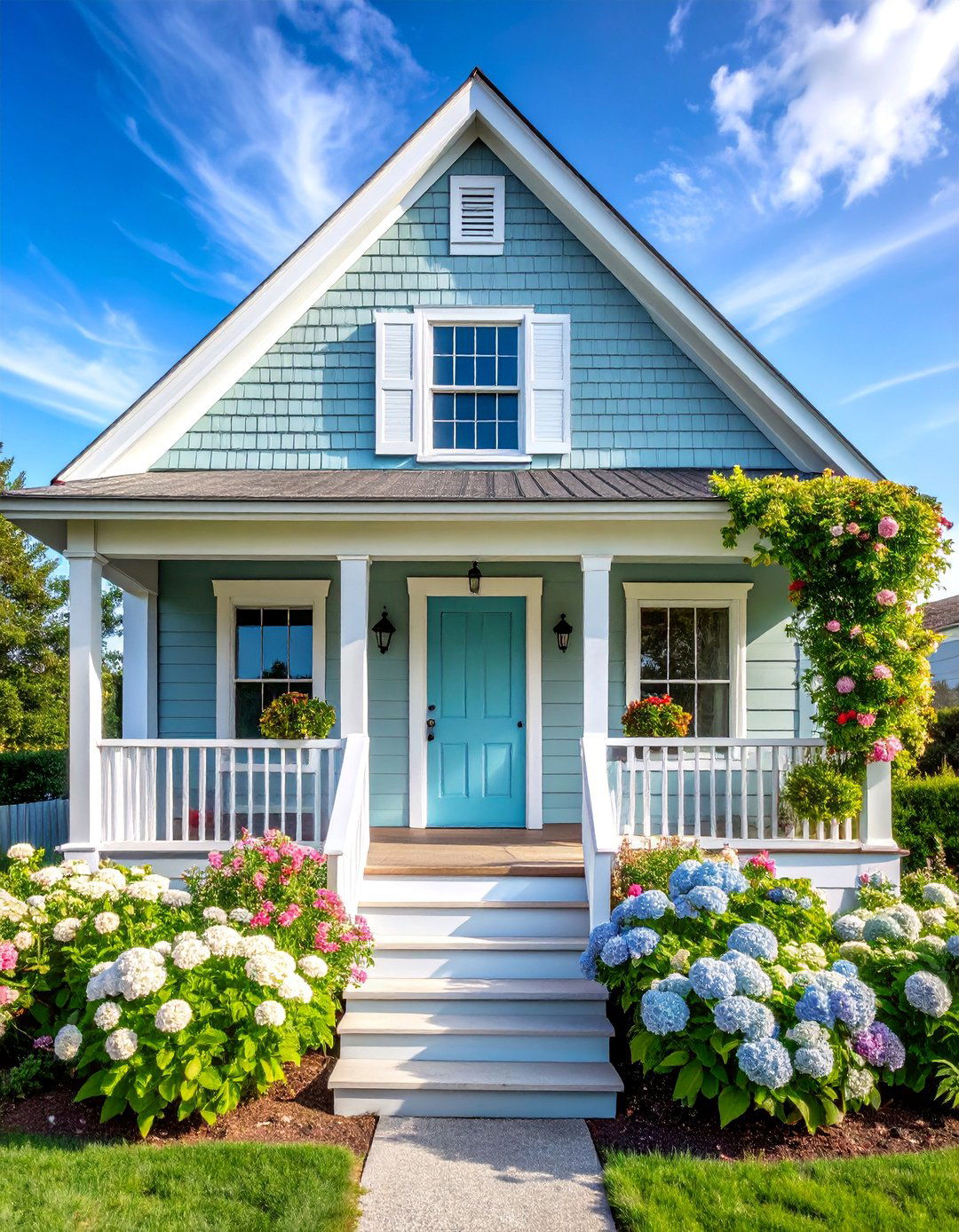 Coastal Farmhouse Style with Light Blue Accent Door - 25 Grey House With Blue Door Ideas
