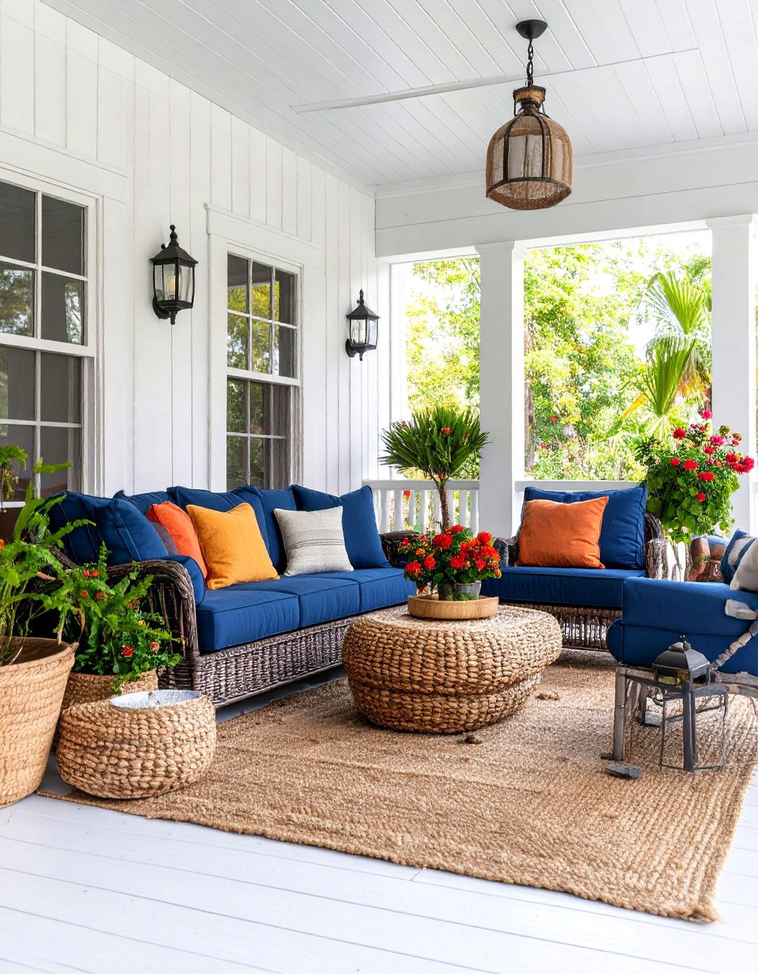 Coastal Farmhouse Three Season Porch with Wicker Seating - 25 Three Season Porch Ideas