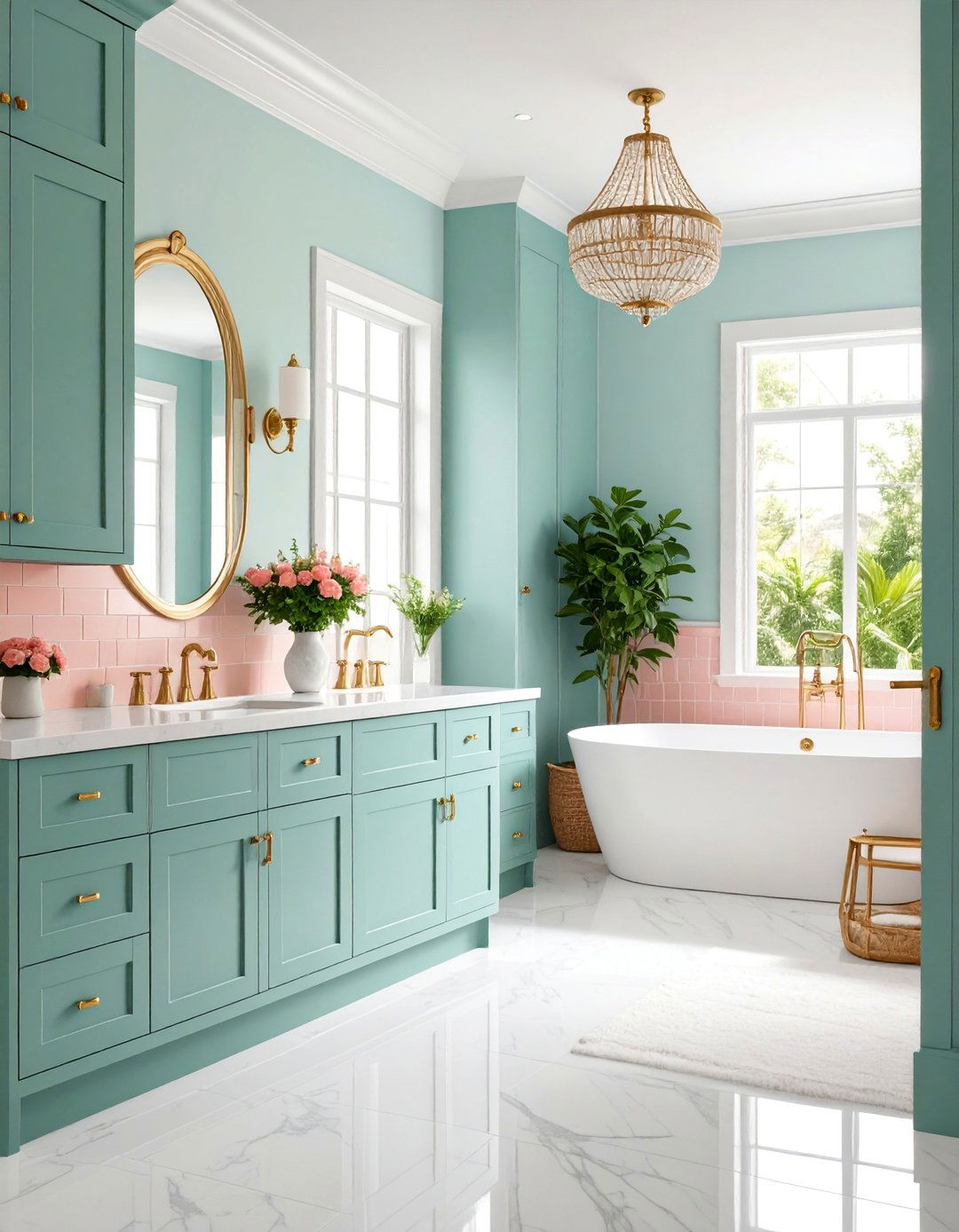 Coastal Grandmother Bathroom with Seafoam Cabinetry and Coral Tiles - 25 Pink and Green Bathroom Design Ideas