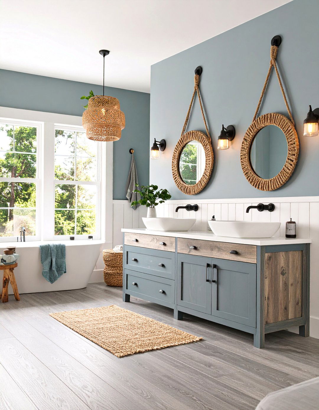 Coastal Gray Floor Bathroom with Blue and White Accents - 25 Gray Floor Bathroom Ideas