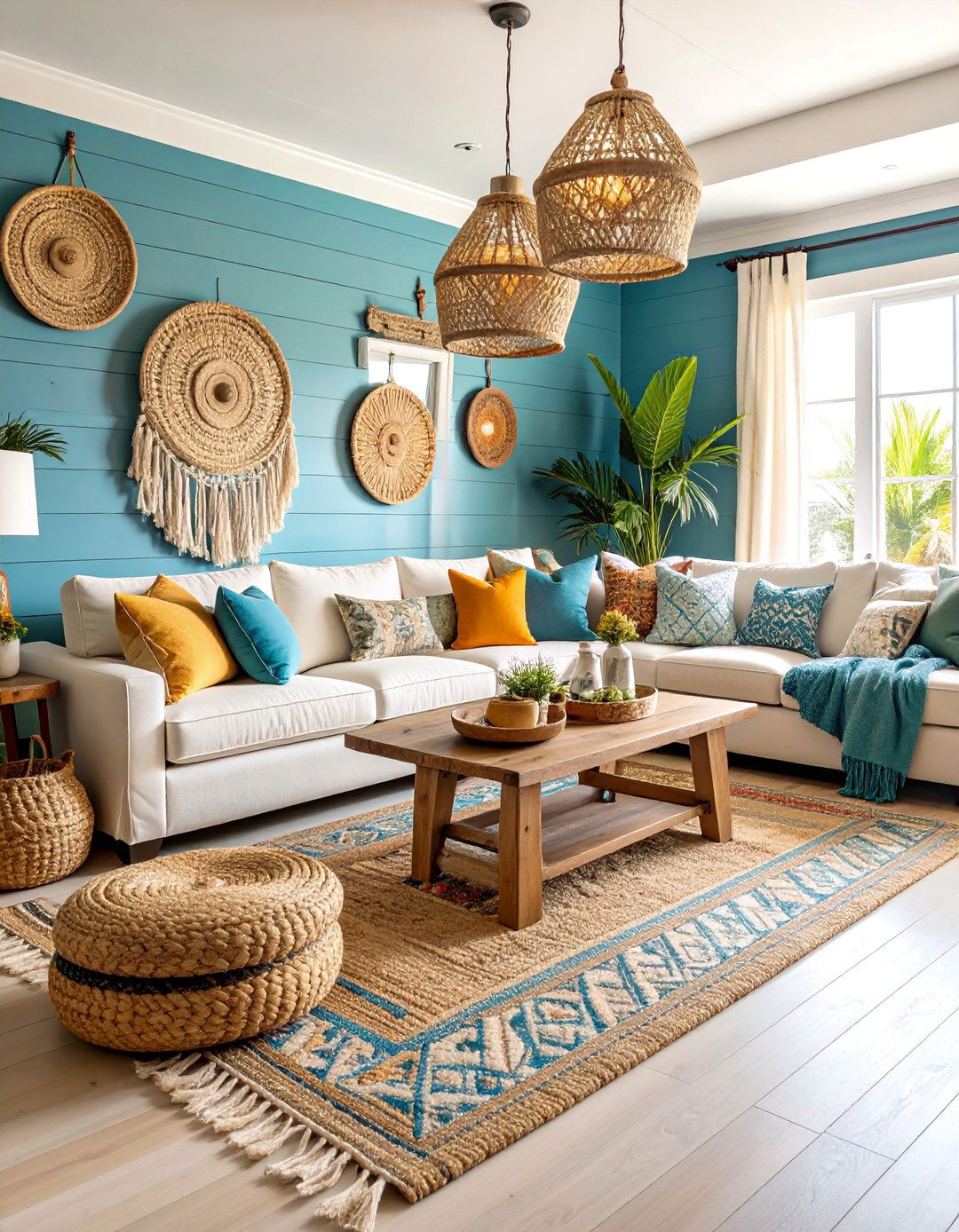 Coastal Great Room with Shiplap and Blue Accents - 25 Great Room Ideas