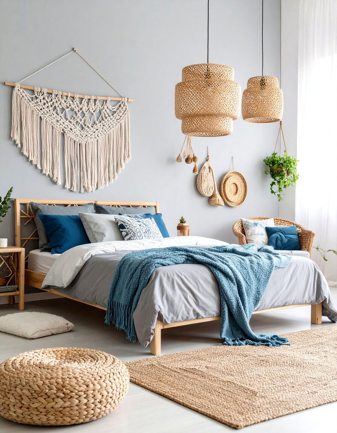 Coastal Grey Boho Retreat with Rattan Furniture - 25 Grey Boho Bedroom Ideas