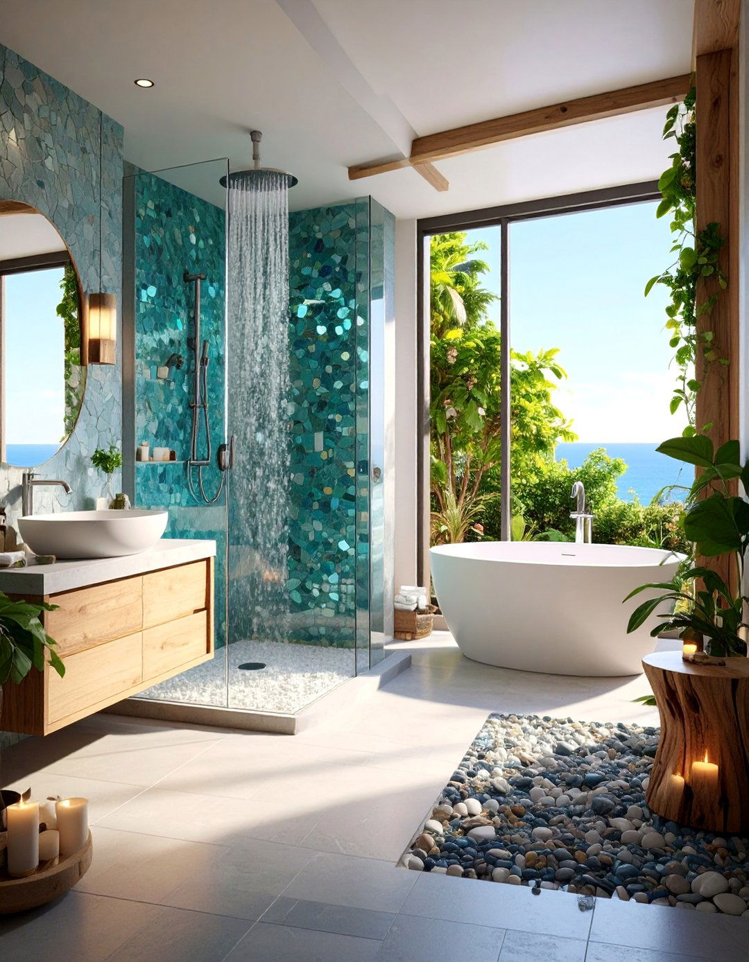 Coastal Half Wall Shower with Sea Glass Tiles - 25 Half-wall Shower Ideas