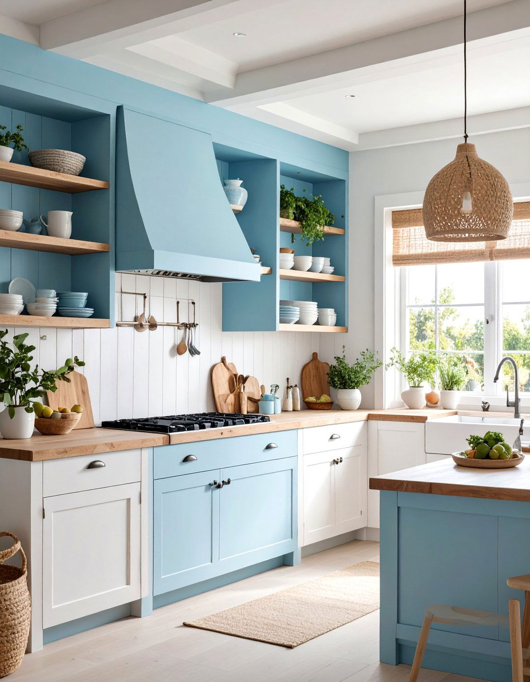 Coastal Kitchen with Light Blue Open Shelving - 25 Kitchens Without Upper Cabinets