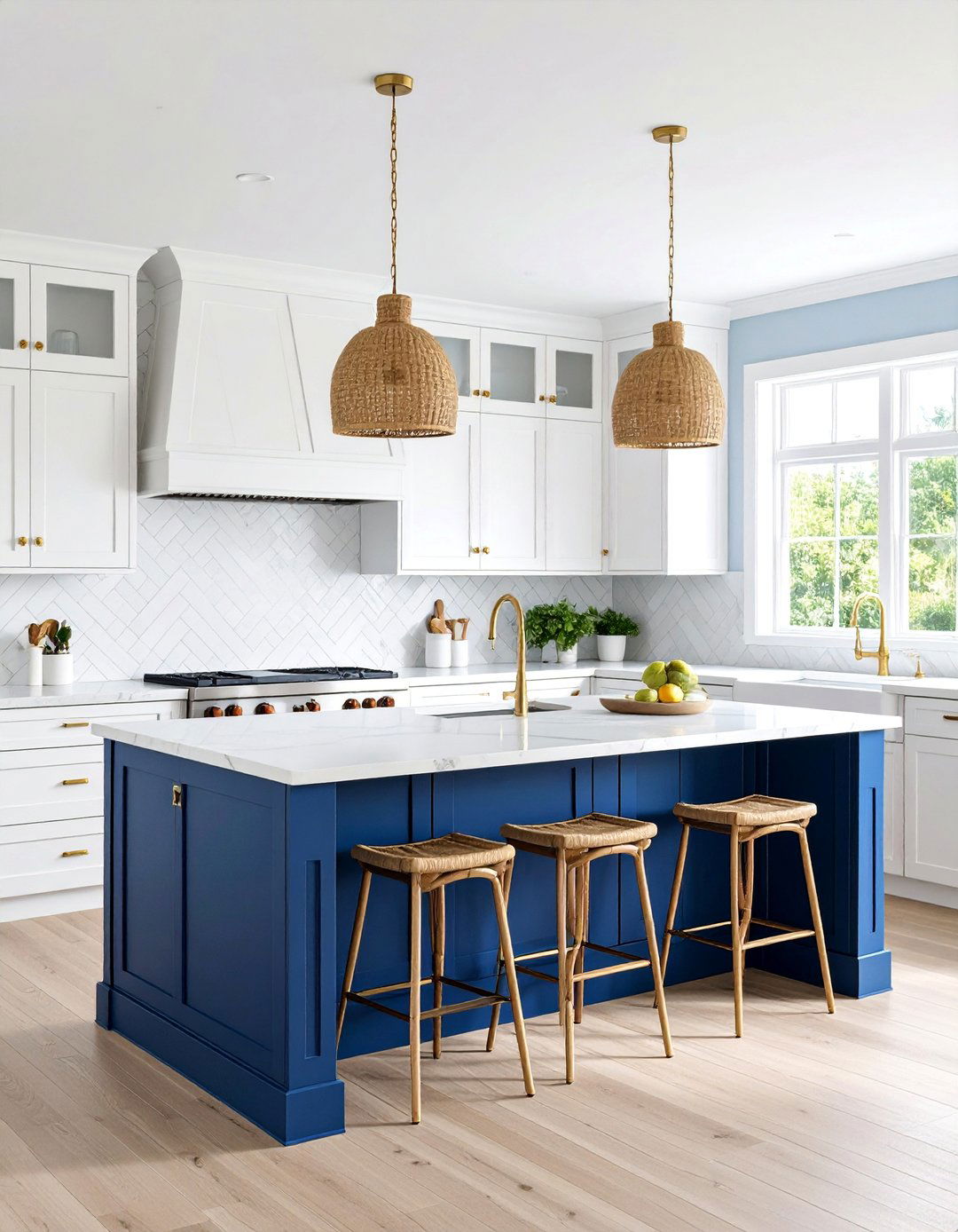 Coastal Kitchen with White Cabinets and Blue Island - 25 Coastal Decor Ideas