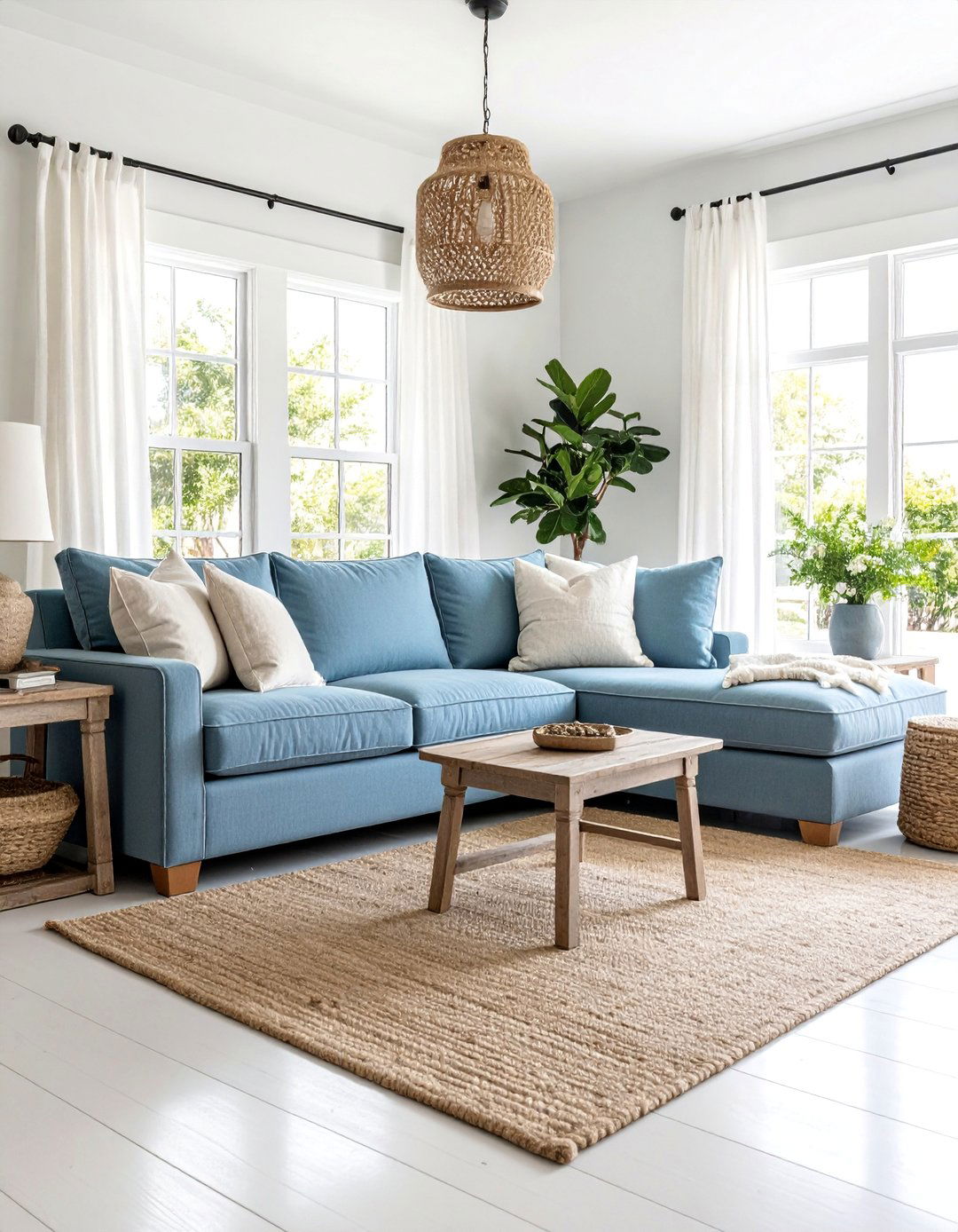 Coastal Light Blue Sectional with Natural Textures - 25 Blue Couch Living Room Ideas
