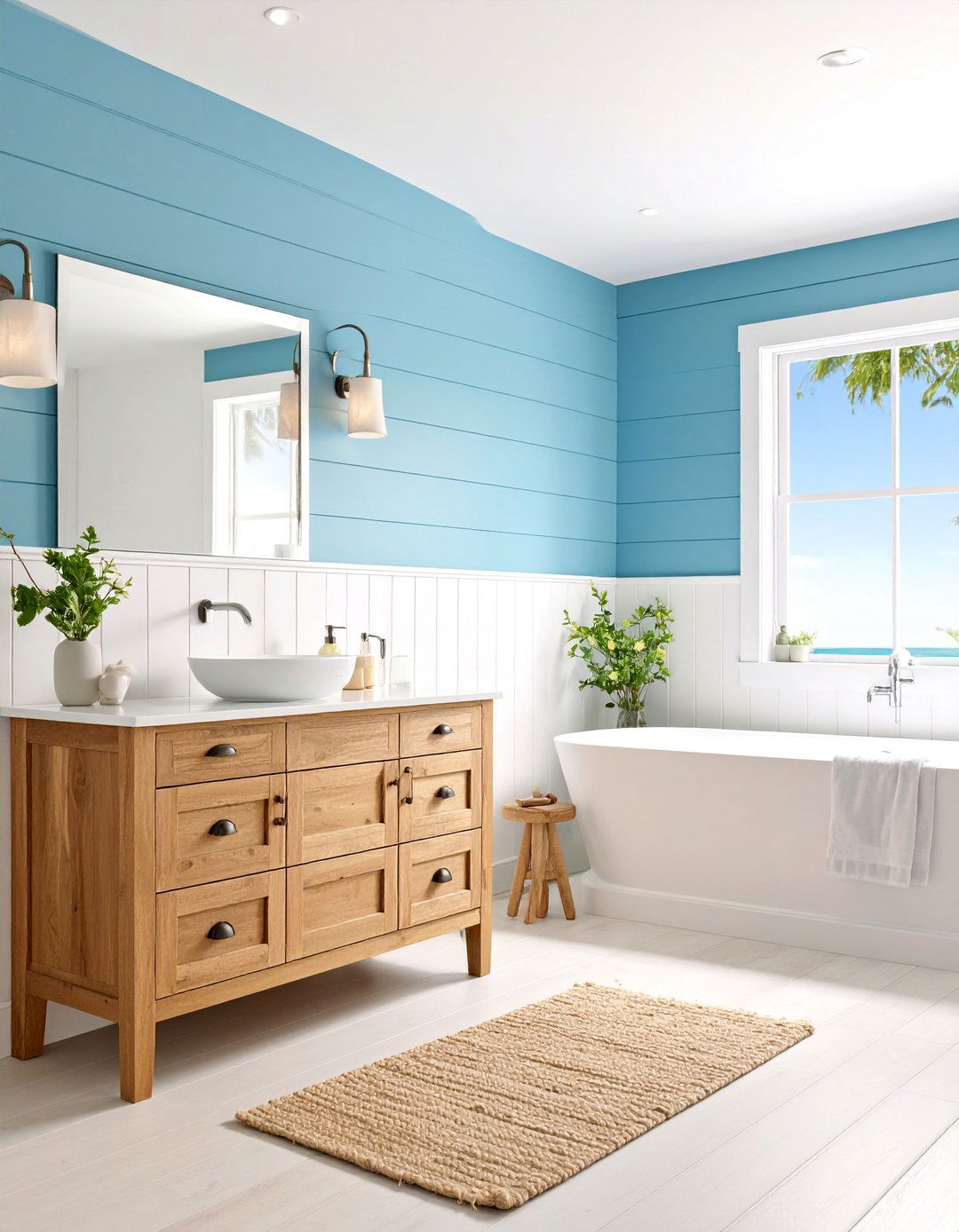 Coastal Light Blue Shiplap with Natural Elements - 25 shiplap bathroom ideas