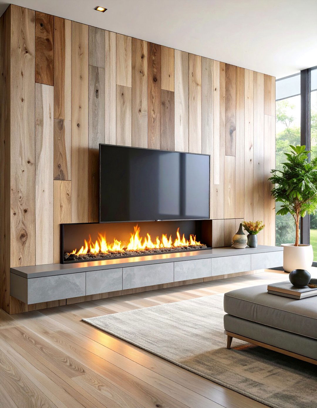 Coastal Linear Fireplace with Weathered Wood TV Wall - 25 Linear Fireplace Ideas With Tv Above