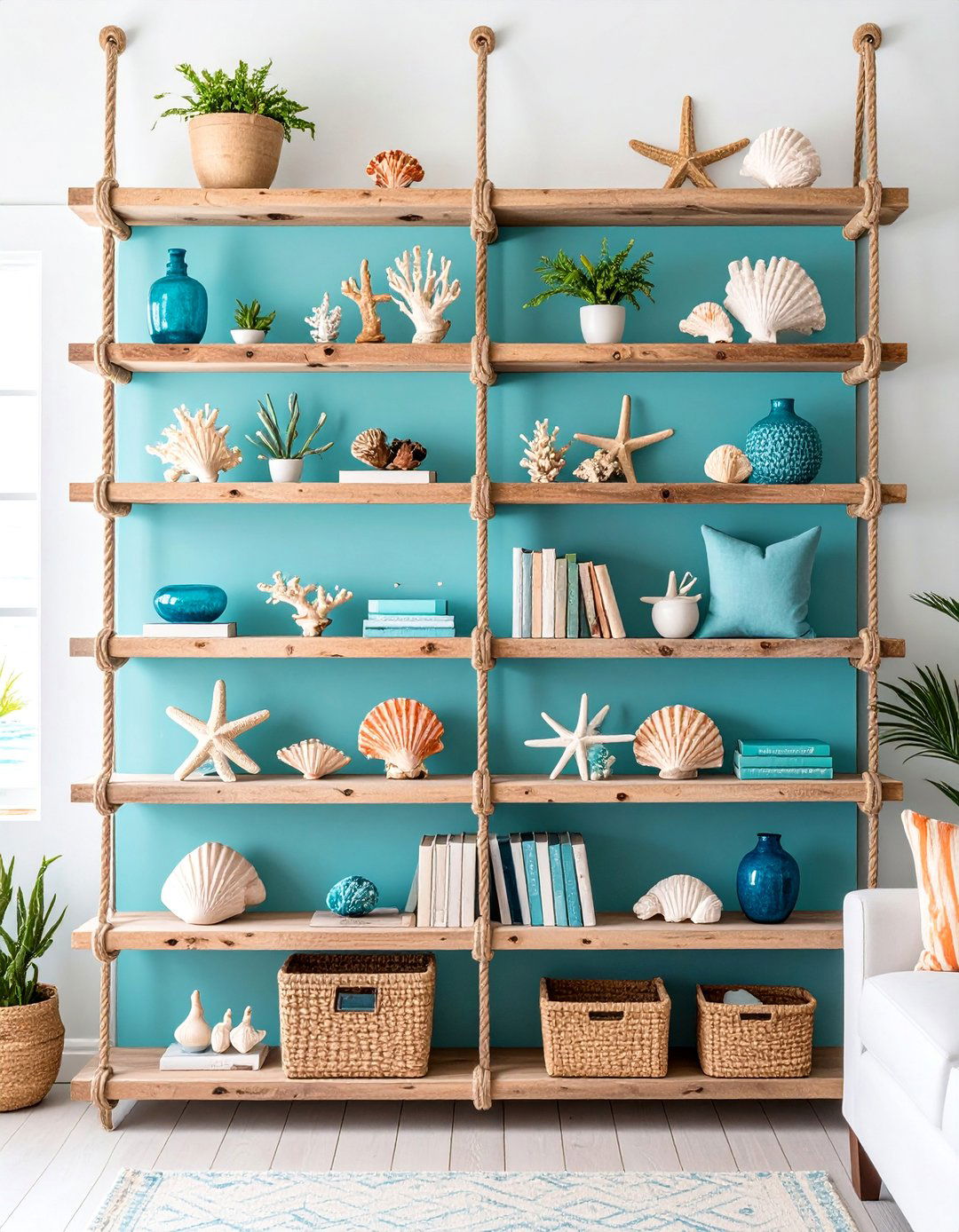 Coastal Living Room Shelf Driftwood Display - 25 Living Room Shelf Ideas