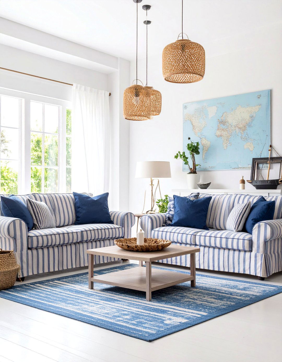 Coastal Living Room with Classic Navy Stripes - 25 Nautical Decor Ideas