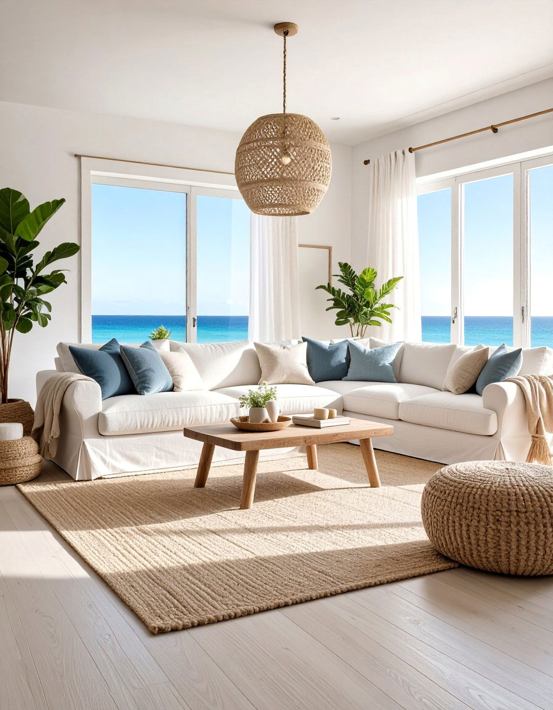 Coastal Living Room with Natural Fiber Sisal Rug - 25 Living Room Rug Ideas