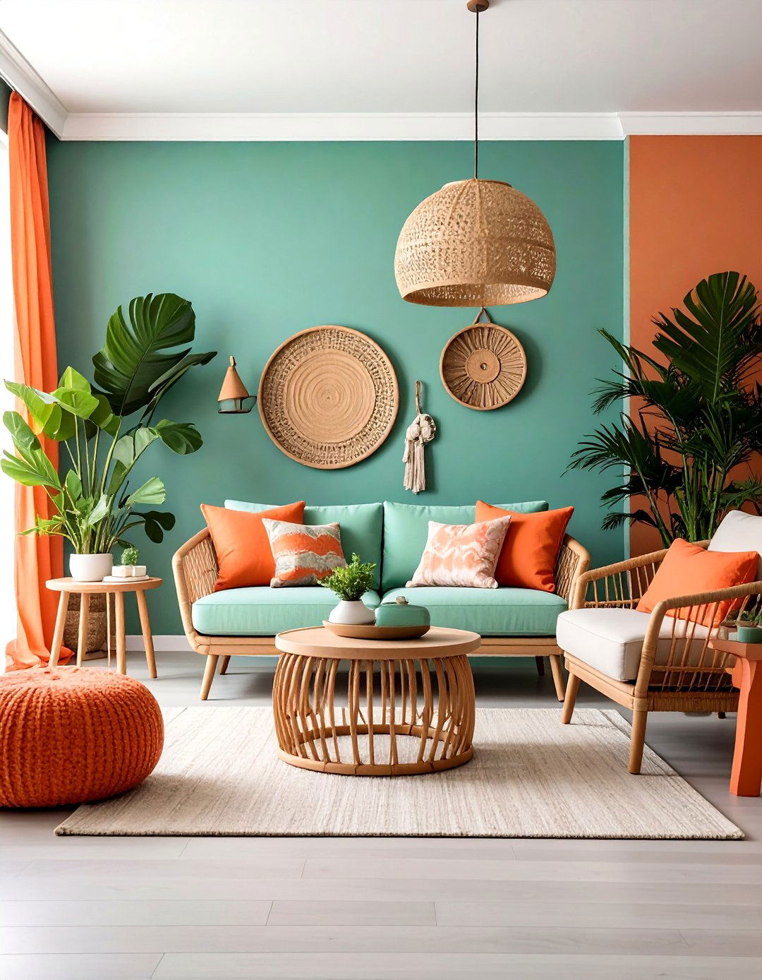 Coastal Living Room with Sea Green and Coral Orange - 25 Green and Orange Living Room Ideas