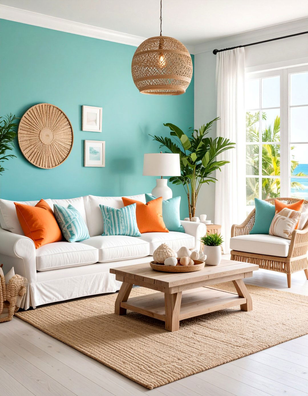 Coastal Living Room with Teal Walls and Orange Accents - 25 Teal and Orange Color Scheme for Your Rooms