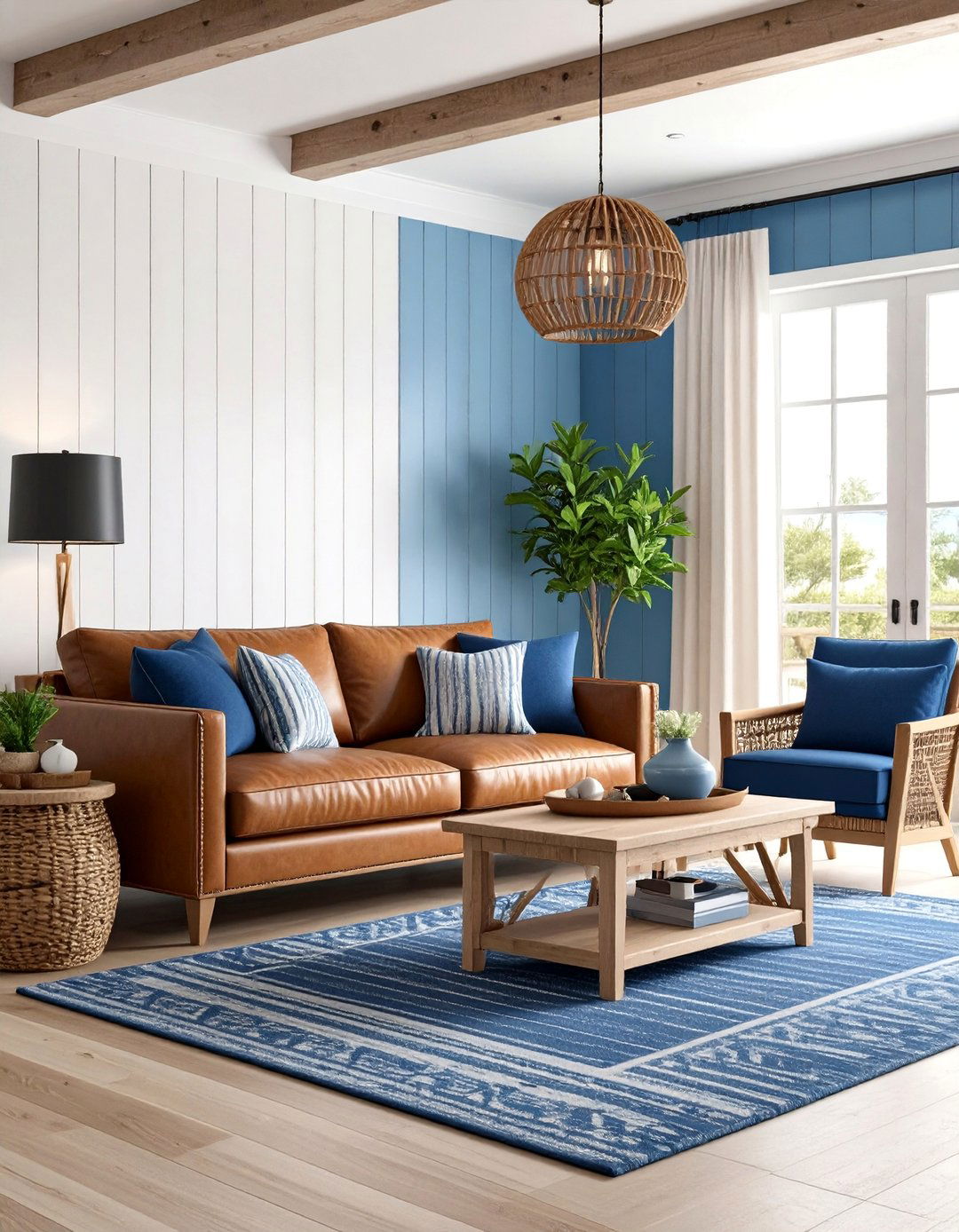 Coastal Modern Living Room with Navy Blue Accents - 25 Brown Leather Couch Living Room Ideas