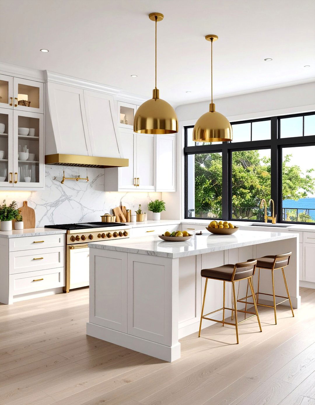 Coastal Modern White Kitchen with Black Window Frames - 25 black white and gold kitchen ideas