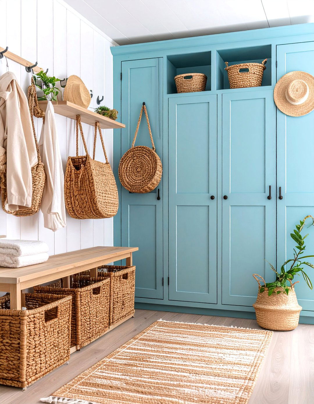Coastal Mudroom with Weathered Blue Cabinets - 25 Mud Room Ideas
