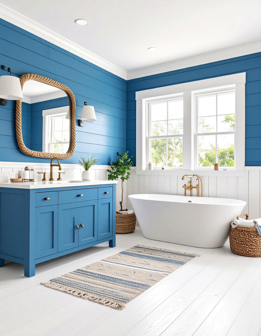 Coastal Nautical Navy Bathroom with Rope Accents - 25 Navy Blue Bathroom Ideas