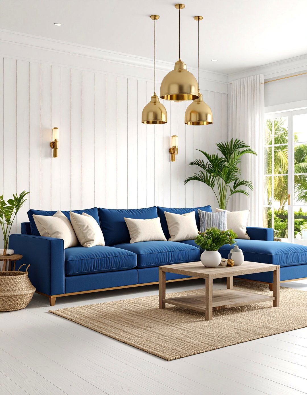 Coastal Navy Blue Sectional with Beige Linen Accents - 25 blue and beige living room ideas