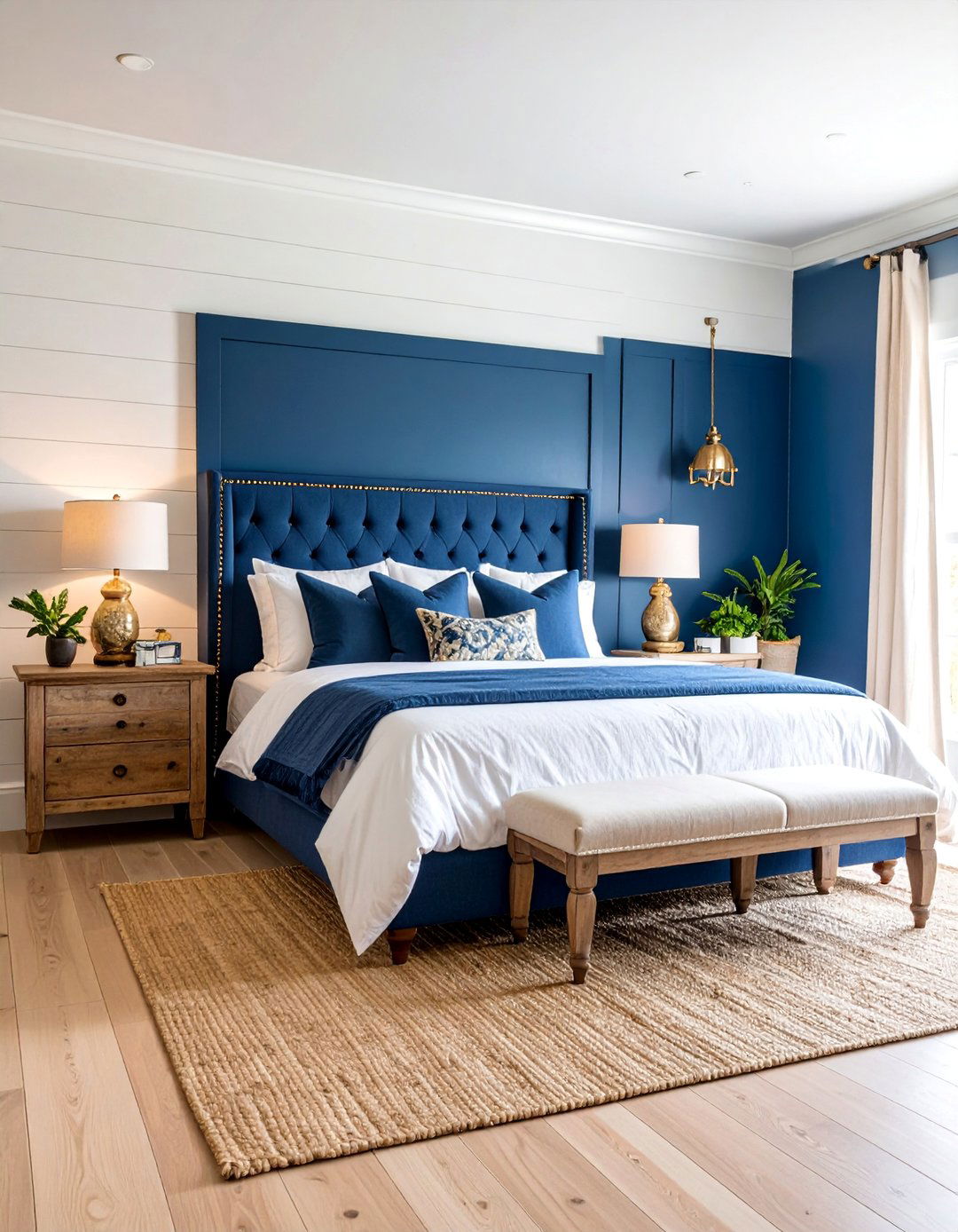 Coastal Navy Master Bedroom with Shiplap Walls - 25 Blue and White Decor Ideas