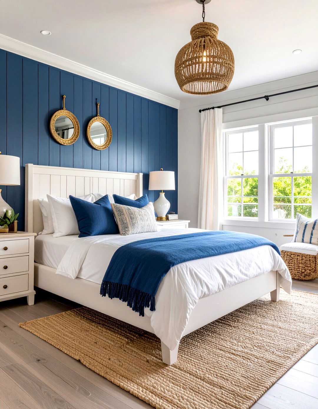 Coastal Navy Shiplap Bedroom with Nautical Accents - 25 Blue and White Bedroom Ideas