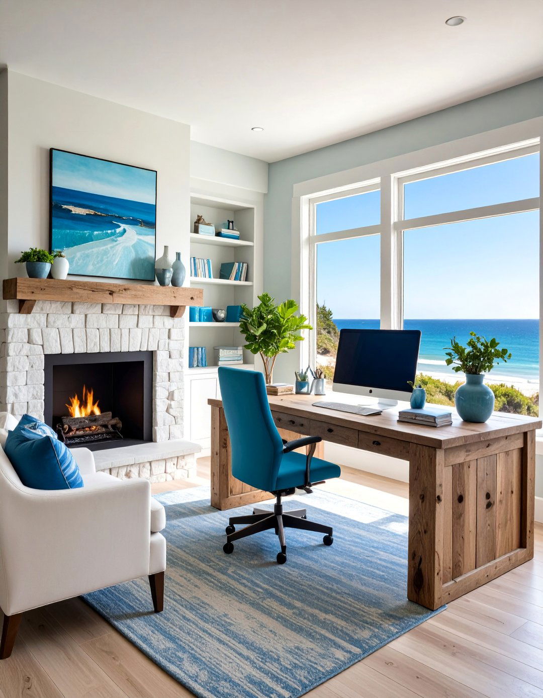 Coastal Office with Weathered Wood Fireplace - 25 Home Office With Fireplace Ideas
