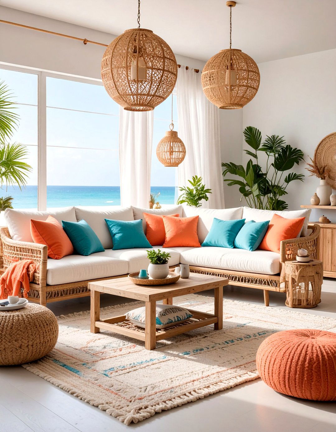 Coastal Orange Couch Living Room with Nautical Elements - 25 Orange Couch Living Room Ideas