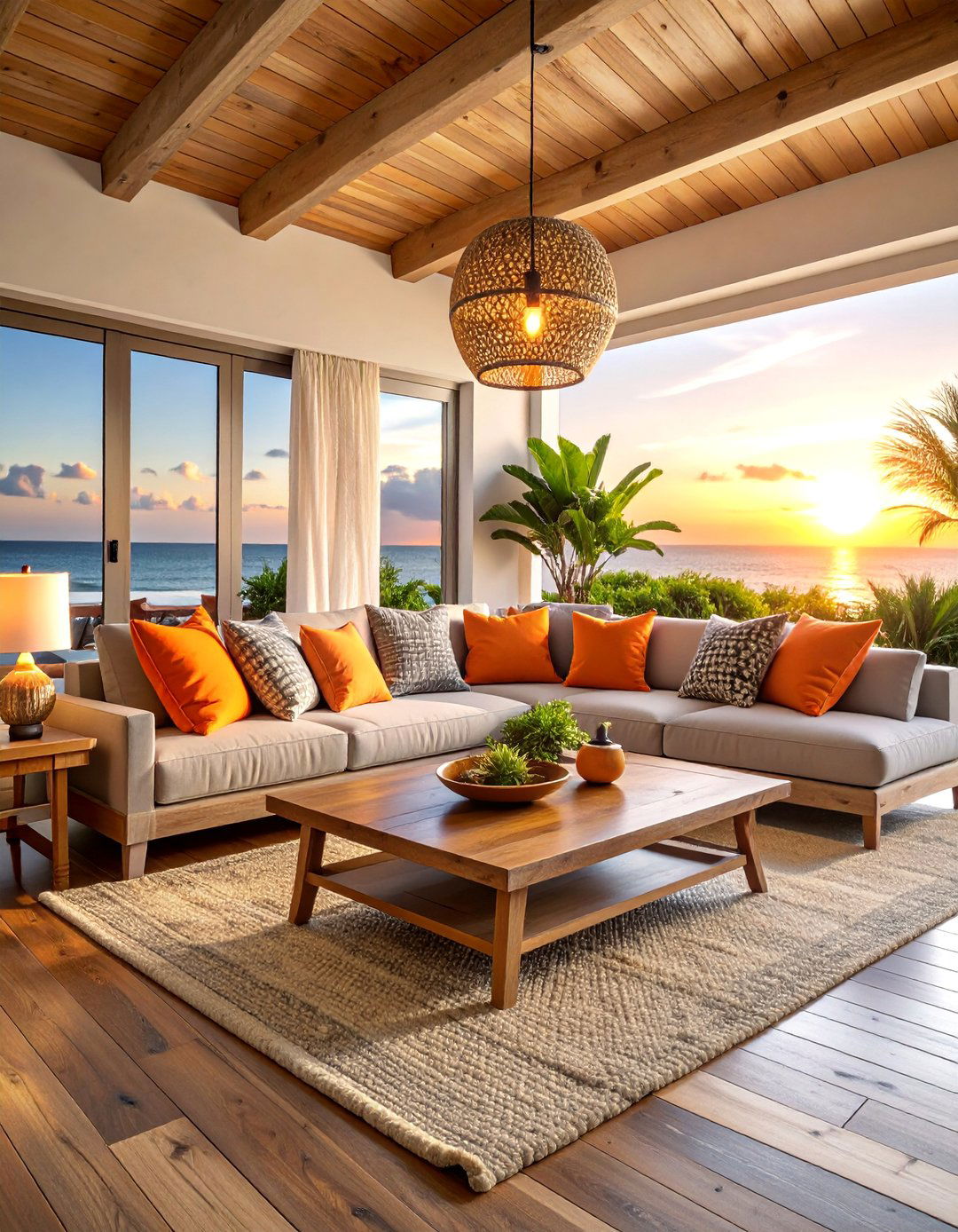 Coastal Orange Sunset and Storm Grey Beach House Living Room - 25 Orange and Grey Living Room Ideas