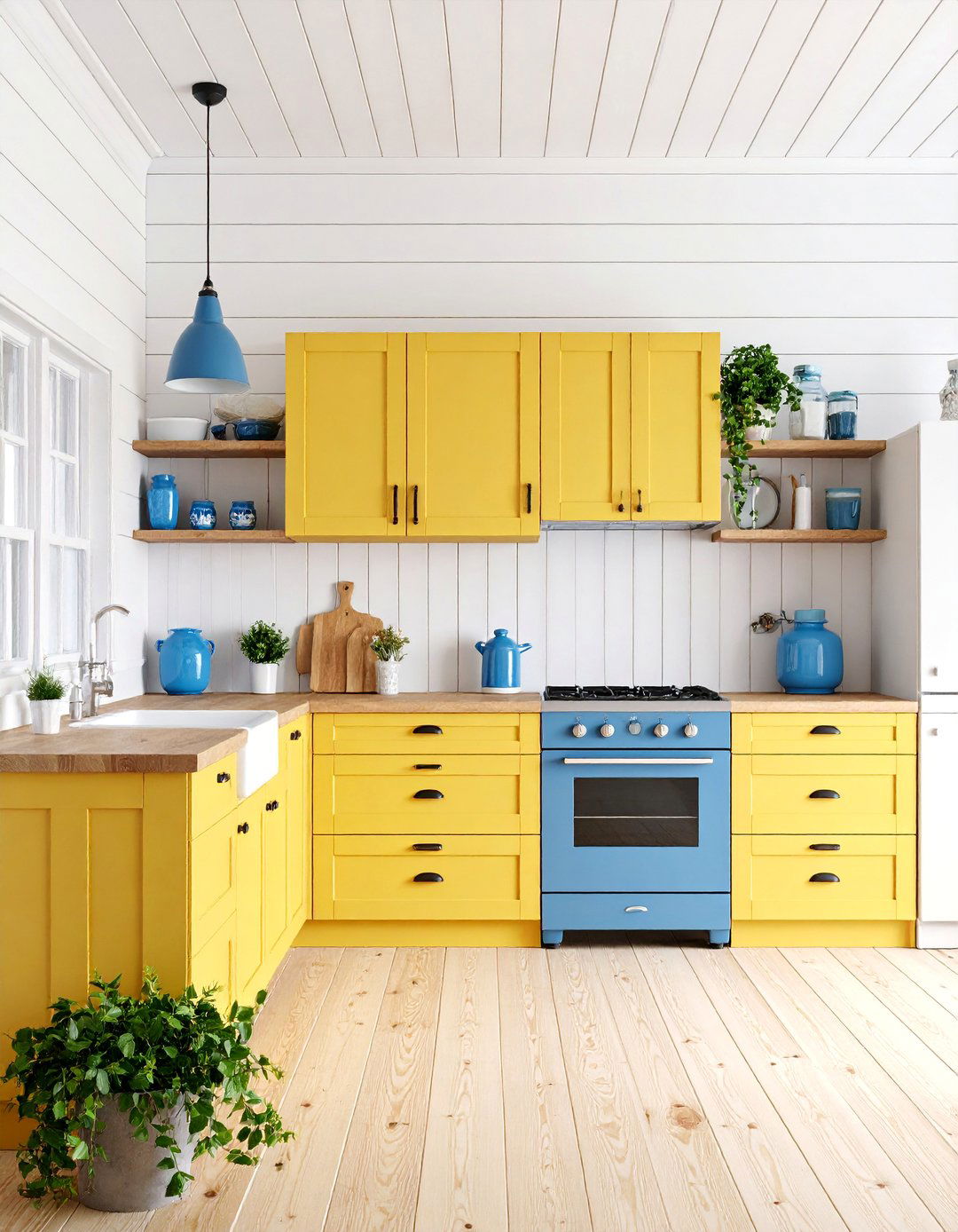 Coastal Pale Yellow Kitchen with White Shiplap Walls - 25 Pale Yellow Kitchen Ideas